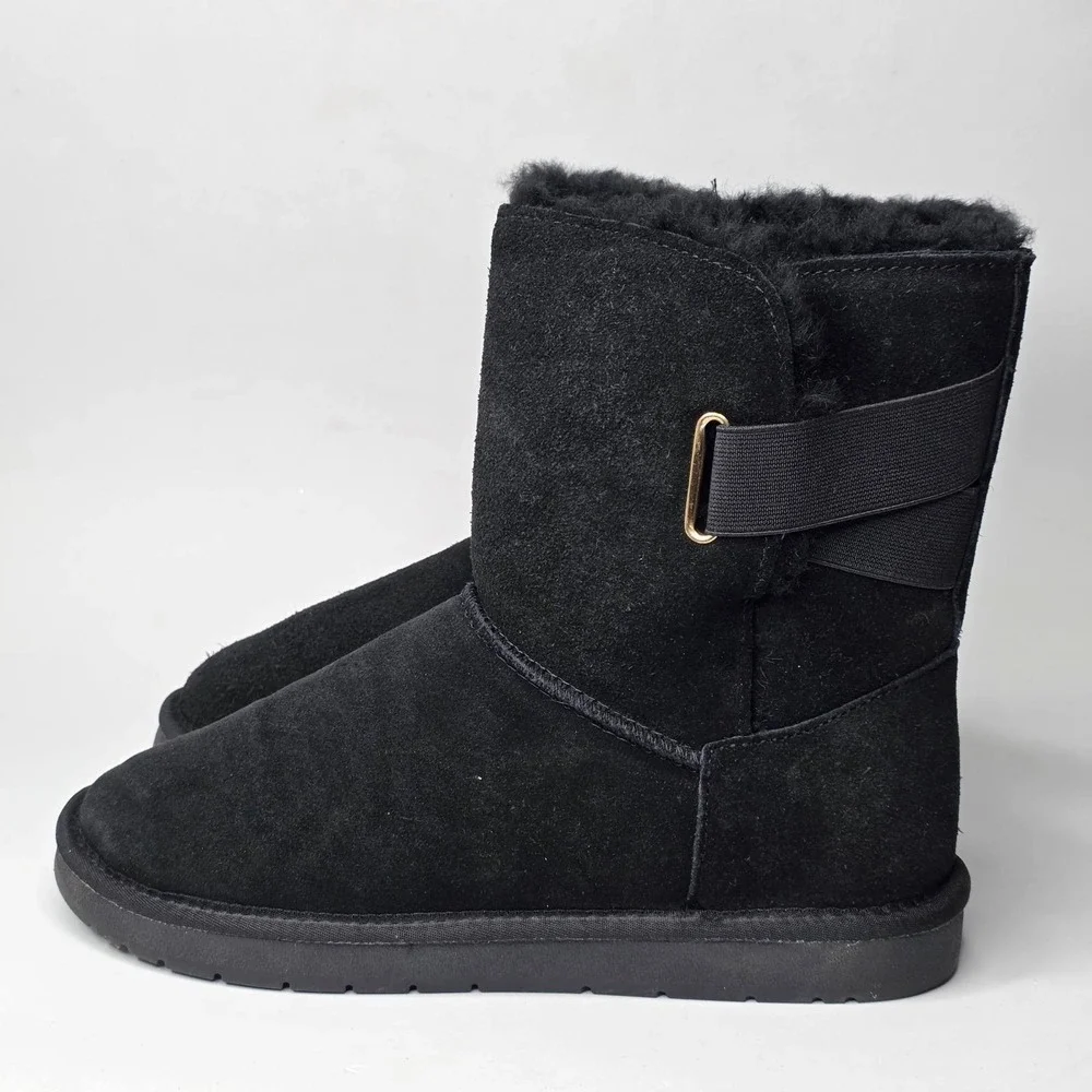 Serra Women's Winter Boots Size 9 Black Suede Lamb Fur Pull On Snow Shoes Buckle